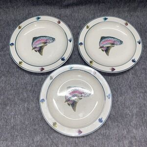 Set Of 3 Scotty Z Folkcraft Rainbow Trout 8.5 Inch Stoneware Dinner Salad Plates